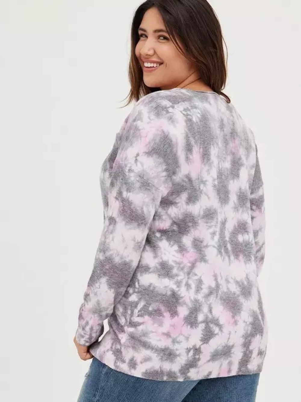 torrid Gray and Pink Tie-Dye V-Neck Sweater - Picture 7 of 8